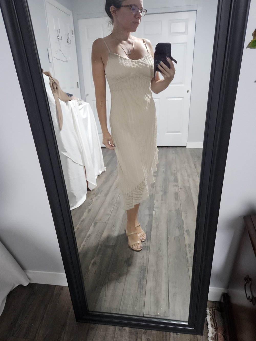 Asymmetrical Pleated Slip Dress in Light Beige
